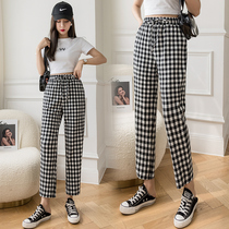 Black and white plaid pants woman loose straight cylinder small sub 90% pants thin cotton linen small pane pants sports casual pants summer