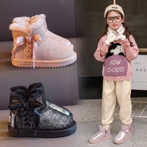 British next road children snow boots Winter boys and girls warm and fluffy soft bottom butterfly bow two short boots