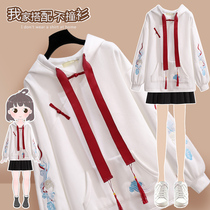 Ancient style National tide improved Hanfu sweater plus velvet female Han element Early autumn thickened Chinese style embroidered hooded top