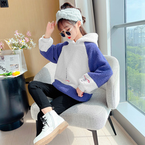 Girls foreign sweaters 2021 new autumn and winter children plus velvet color sweater long girl hooded coat