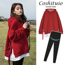 Pregnant woman spring and autumn fashion suit big-card shirt long-sleeved loose t-shirt two sets of red guard suit T