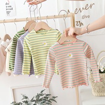 Girls Spring and Autumn base shirt New Rainbow Stripes Little Daisy Baby Joker Long Sleeve T-shirt 1-7 Years Old Top Tide