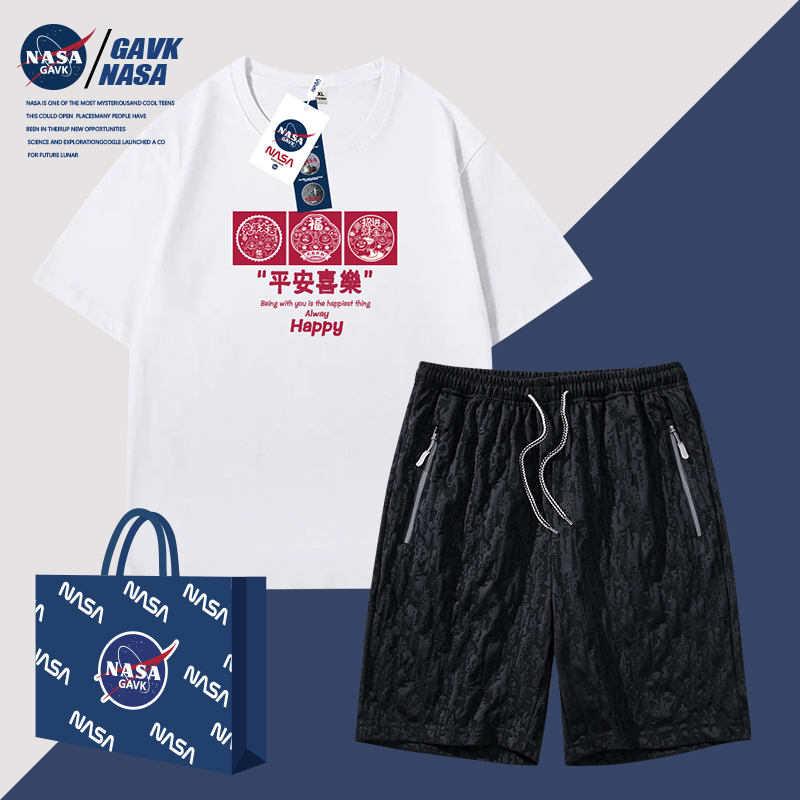 NASA GAVK 2023春夏新款套裝男純棉情侶T恤一整套提花短褲運動女