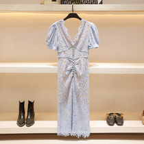 French waist dress bubble sleeve diamond early spring new hook flower lace V-collar high-end big party dress