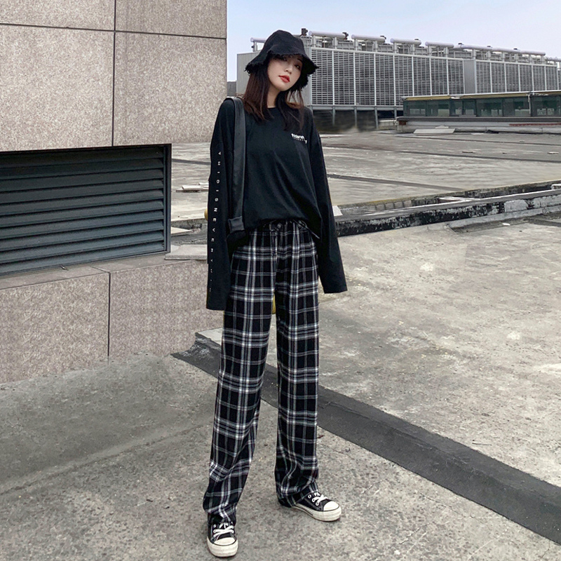 格子阔腿裤女裤子高腰直筒拖地裤-秒客网