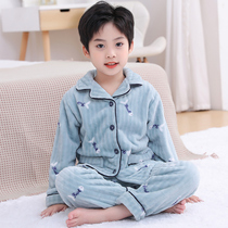 Autumn and winter flannel pajamas parent-child wear boys and girls plus velvet thick coral velvet childrens baby home clothes suit