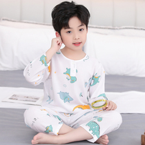 Childrens cotton silk pajamas boys summer thin long-sleeved suits medium and large childrens cotton silk childrens baby home air conditioning clothes
