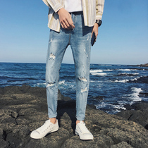 Summer slim fit Hole Jeans Male Tide Cards 2022 New Beggar Pants Men 90% PANTS FOR A SMALL FOOT