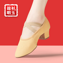 Belt heel dance shoes female Soft bottom Practice Shoes Adult Teacher Special Medium Heel Body Belly Leather National Ballet Shoes Summer