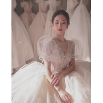 French light main wedding dress 2021 new bride bubble sleeve thick arm forest Super fairy dream luxury big tailing