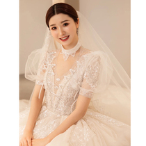Bubble sleeve main wedding dress 2021 new bride thick arm high-end atmosphere luxury Princess Super fairy heavy industry tail