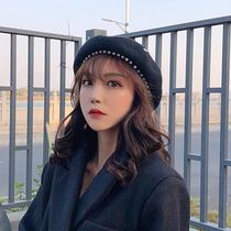 Pearl chain berets female spring autumn and winter style Korean teas black 2021 new exploits small scents net red painter hat