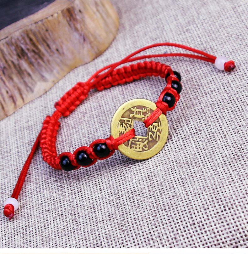 手工编织男女本命年红绳手链真铜乾隆五帝钱铜钱手链幸运红色手绳
