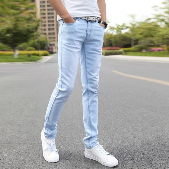 Light colored jeans men's Korean style trendy men's small leg pants elastic slim fit pants youth summer polished white light blue pants Light colored jeans men's Korean style trendy men's small leg pants elastic slim fit pants youth summer polished white light blue pants