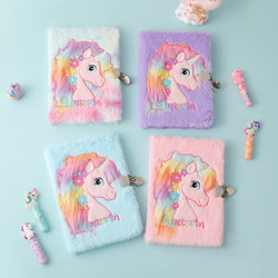 Free shipping children's A5 cartoon unicorn notebook student lockable cute plush diary school prize book