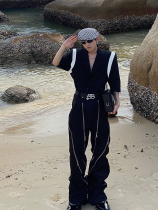 CulturE Summer Japan and South Korea ins tide short-sleeved shoulder pad suit niche contrast stitching design loose jacket men