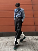 GT new double buckle flanging niche design sense black and white stitching fashion tide straight pants loose casual suit pants men