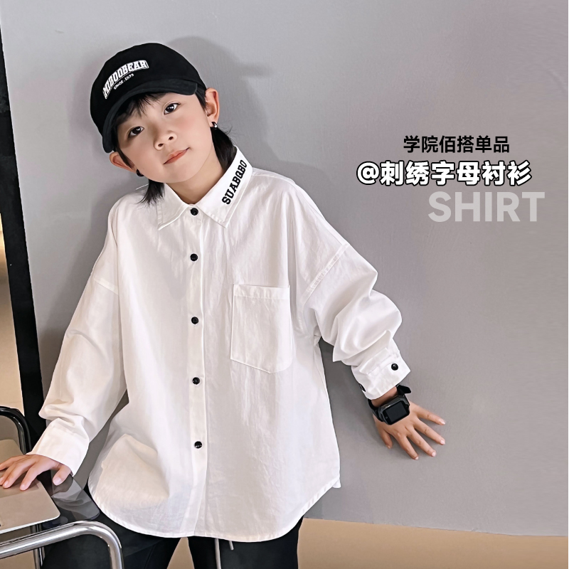 Hitchhiking South Korean children's children's white shirt spring boy 2024 CUHK children long sleeve embroidered letter lining-Taobao