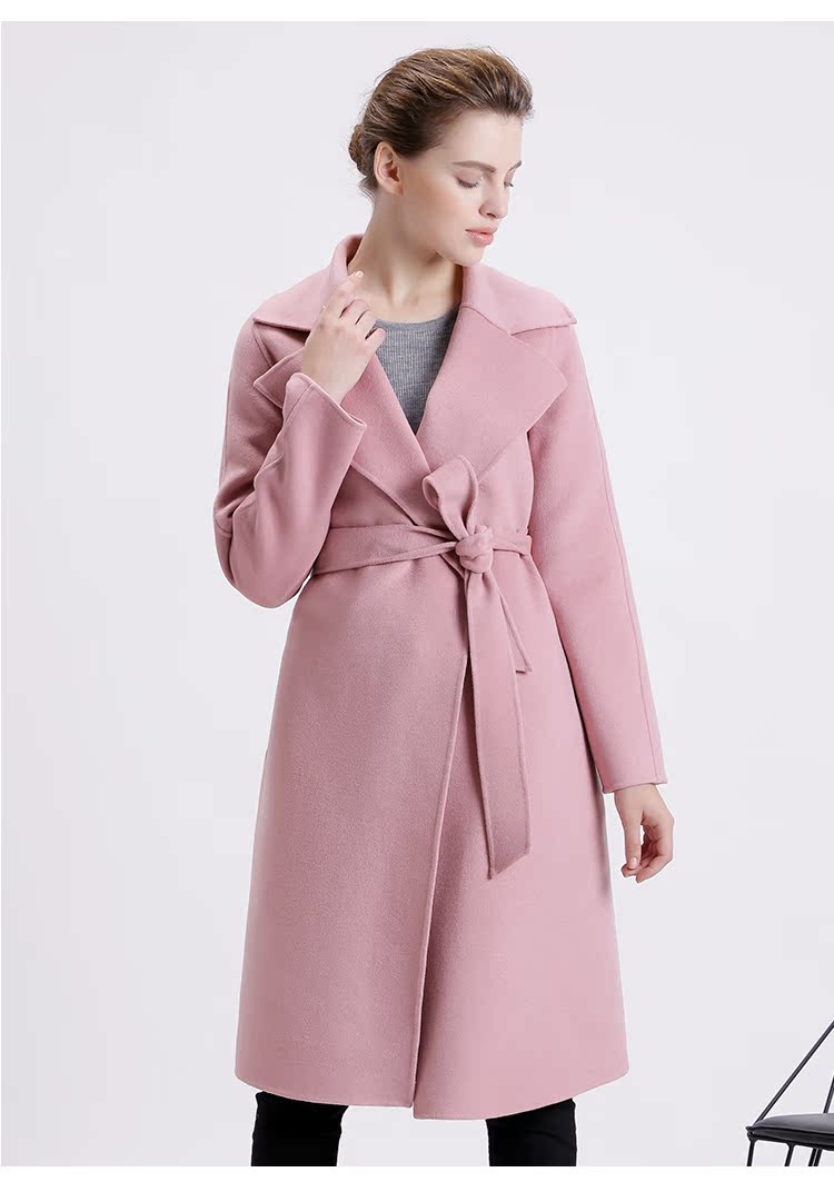 秋冬季粉色双面呢子大衣女中长款2016新款连