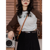 Design sense pleated long-sleeved top womens retro niche color contrast stitching slim fit all-match short drawstring T-shirt