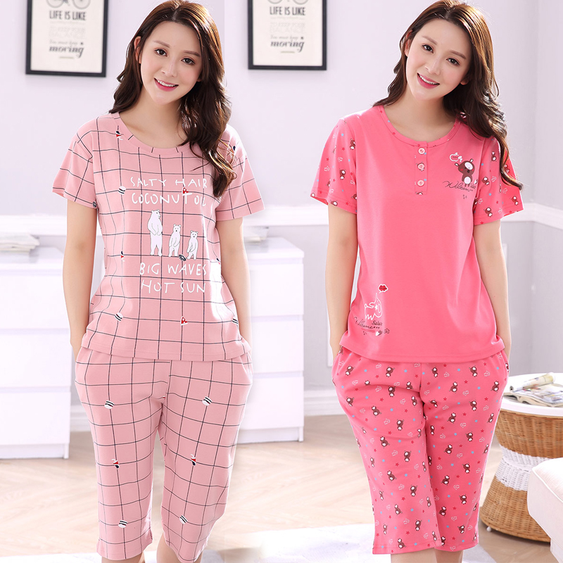 Middle-aged mother's pajamas women's summer cotton short-sleeved cropped pants home service ladies plus size loose casual suit