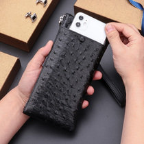 Real leather wallet male length small handbag for mens hands with bag ostrich tattooy phone bag zipped cow leather hand carrying bag