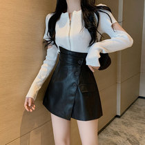  Pu leather shorts womens 2020 new autumn and winter fashion high waist thin irregular split a-line hip skirt culottes