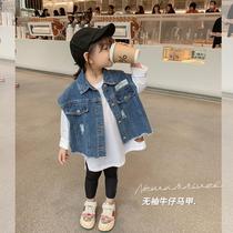 Childrens Clothing Children Waistcoat Spring Summer 2021 New Middle Children Girls Denim Vest 100 Hitch Jacket Thin Ocean Gas Tide