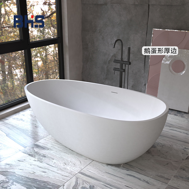 Bay Hongs Artificial Stone Home Bathtub Delicated One Forming Net Red Bath Pink Adult Bathtub (1627207:90554:Color classification:（鹅蛋形厚边款带溢水口）白哑光浴缸+铬色下水器+排水管;148242406:66993:length:1.8m)