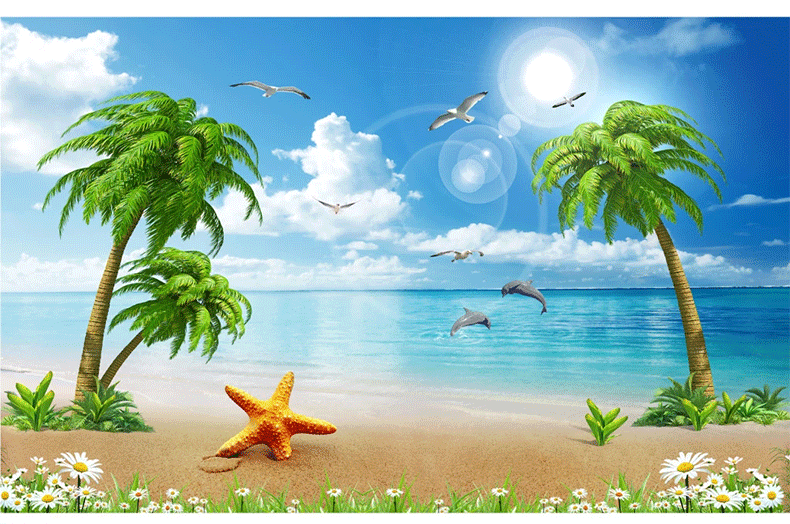 美丽海景椰树爱情海沙滩夏威夷风景画电视背景墙壁纸卧室客厅墙纸