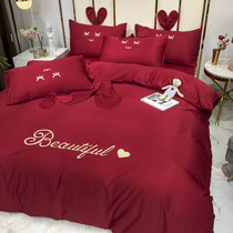 Pure cotton four-piece bedding full cotton marriage red slept silky sleep wedding sheet wedding sheet princess style