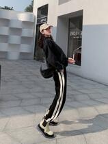 Black sports trousers womens loose bunch feet Harlan plus velvet thick straight tube thin age casual pants Tide brand