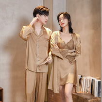 Manneffin satin silk lovers sleeping robes men suit long short sleeves woman hanging skirt bathrobe ice silk two sets of sleepwear