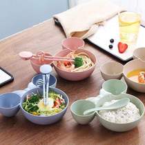 Wheat straw anti-fall cute cartoon bowl fork spoon three-piece set for children baby supplementary food sub-plate bowl chopsticks tableware