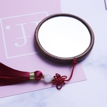 Cute wood carved round mirror portable makeup mirror female retro wedding birthday gift holding ancient wind small mirror portable