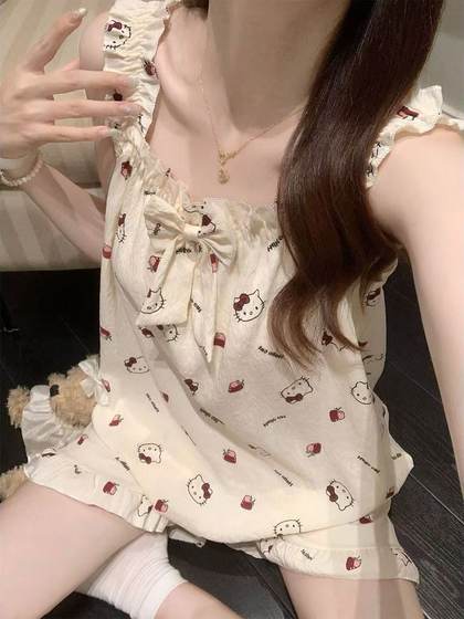2025 여성용 가슴 패드를 가진 새로운 여름 잠옷 만화 kt 고양이 작은 비행 소매는 잠옷과 여자 집 의류를 입을 수 있습니다 2025 여성용 가슴 패드를 가진 새로운 여름 잠옷 만화 kt 고양이 작은 비행 소매는 잠옷과 여자 집 의류를 입을 수 있습니다