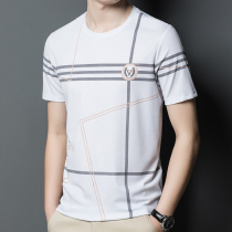 Ji Zhexin's summer book print striped short-sleeved men with large brand high-end round collar loose top men