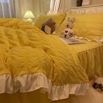Super dream girl heart wash cotton bed skirt yellow four-piece lace simple milk yellow quilt cover dormitory three-piece set