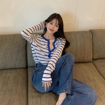 Sunscreen Blouse Long Sleeve Stripe Sunscreen Short Women's Summer Thin Age Reduction Contrast Button Loose Joker Skinny Top