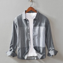 Japanese stitching shirt men's striped cotton men's cotton trend Joker long sleeve shirt handsome clothes