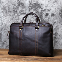 Retro Head Layer Cow Leather Large Capacity Handbag Men Business Genuine Leather Briefcase Handmade Horizontal and Inclined Satchel Bag