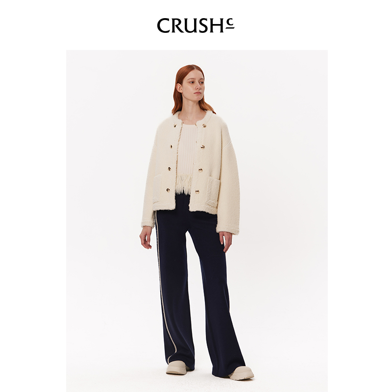 CRUSH Collection女装2023秋冬新款美式泰迪绒对襟圆领短外套