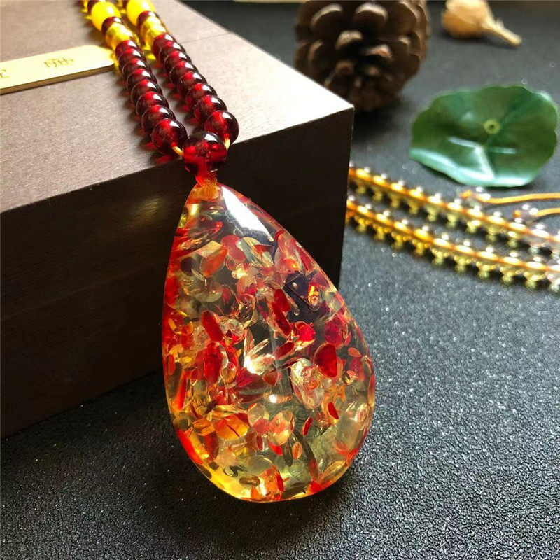 波罗的海二代琥珀蜜蜡爆花珀水滴吊坠有荧光男女款挂件项链毛衣链