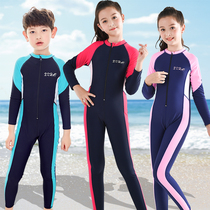 Childrens swimsuits girls middle-aged children one-piece long-sleeved trousers boys one-piece swimsuit student diving suit sunscreen body
