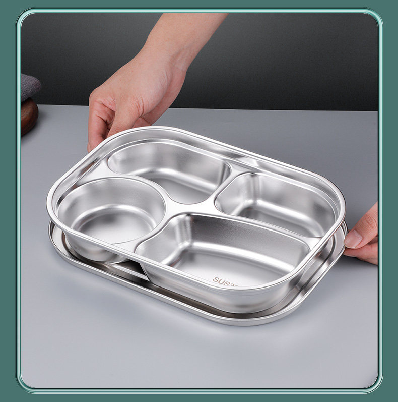 304不锈钢分格餐盘家用吃饭盘学生食堂打饭幼儿园儿童防摔分餐盘