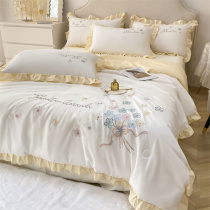 The Korean version upscale summer quilt with four pieces of pure cotton full cotton embroidery lace air conditioning by the machine washable single double and thin summer cool quilt