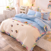 Net red Pure Cotton Girl Heart-bed Skirt Hood Four Pieces Summer Full Cotton Princess Wind Rainbow Quilt Pure Color Embroidery