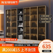 Simple modern glass door bookcase light luxury floor storage cabinet storage with door lamp bookcase full wall floor bookcase
