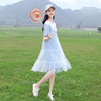 Female big child dress summer 12 foreign 13 cotton 15-year-old girl mesh stitching skirt girl summer dress dress