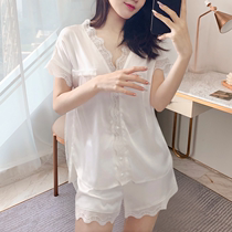 Sexy lace lace-edged pajama woman summer silk thin short-sleeved shorts two sets of high-end moving home clothing suits